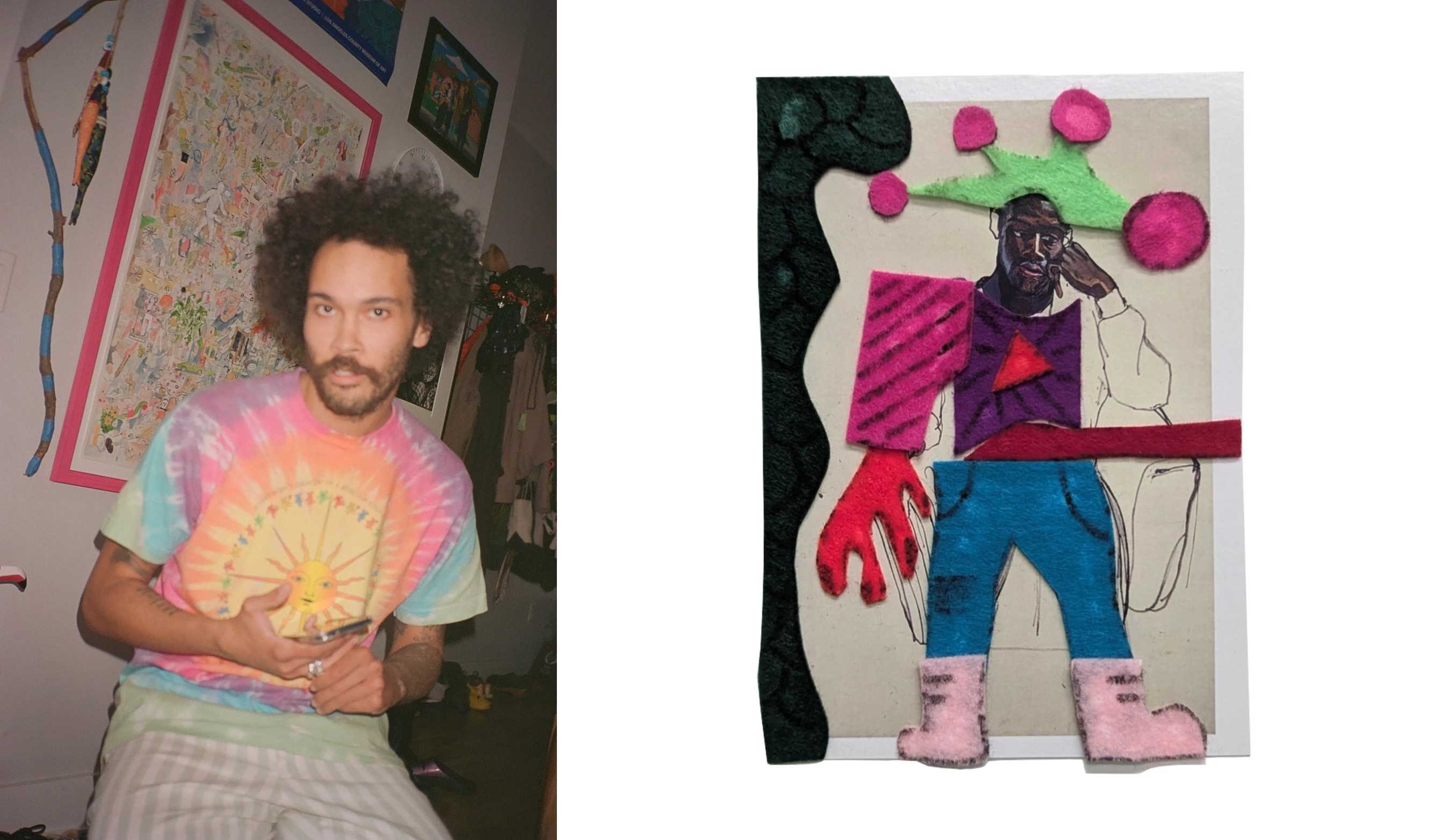 side by side composition of a photo of the artist with a beard and wearing a tie dyed shirt looking at the camera and on the right a felt collage of an abstract figure